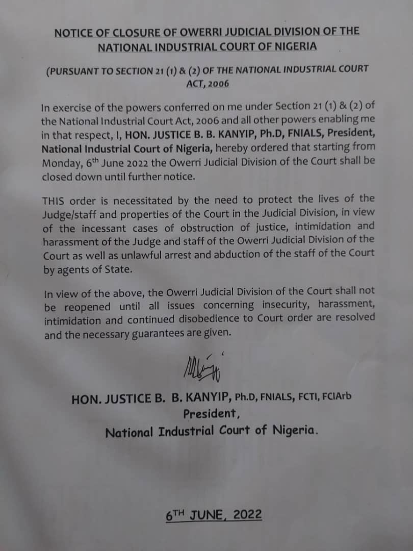 NOTICE OF CLOSURE OF OWERRI JUDICIAL DIVISION OF THE NATIONAL INDUSTRIAL COURT