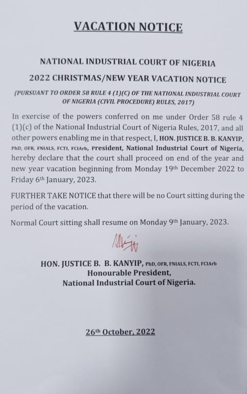 NATIONAL INDUSTRIAL COURT OF NIGERIA  2022 CHRISTMAS/NEW YEAR VACATION NOTICE