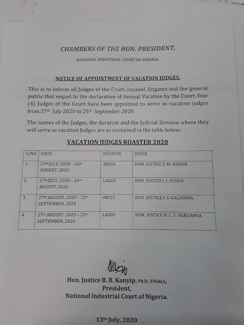 VACATION JUDGES ROASTER FOR THE YEAR 2020/NOTICE OF APPOINTMENT OF VACATION JUDGES